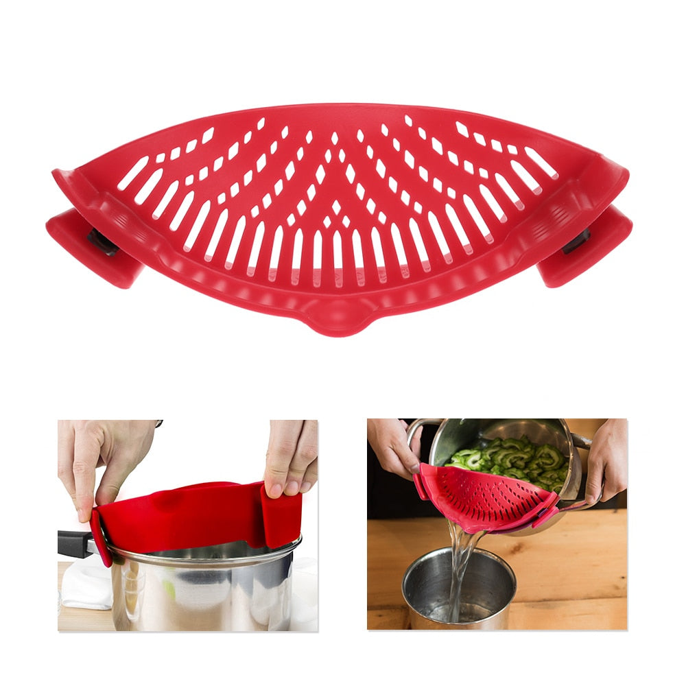 LMETJMA 6 Color Universal Clip on Strainer Adjustable Silicone Strain Pot   Strainer Colander For Pasta Fruit Vegetable JT-007